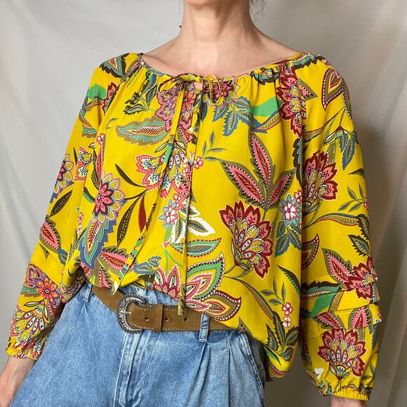 Johnny Was 100% silk Anka floral paisley print peasant top blouse shirt yellow S - Picture 17 of 17